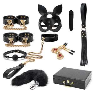 Kit Maleta Sado de Luxo com 1 Bullet - Algema, Tornozeleira com Corrente, Venda e Chicote / Rabo de raposa - SI - Importado