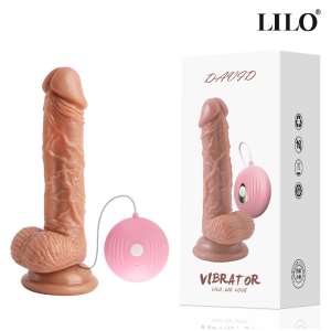Prótese realística 18 x 3,8 cm com escroto, ventosa e vibrador externo com 10 modos de vibração - LILO - VM - Importado