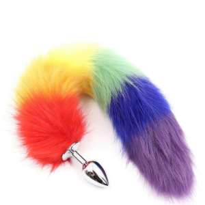 Plug anal em metal pequeno com cauda colorida (arco-íris) - VM - Importado